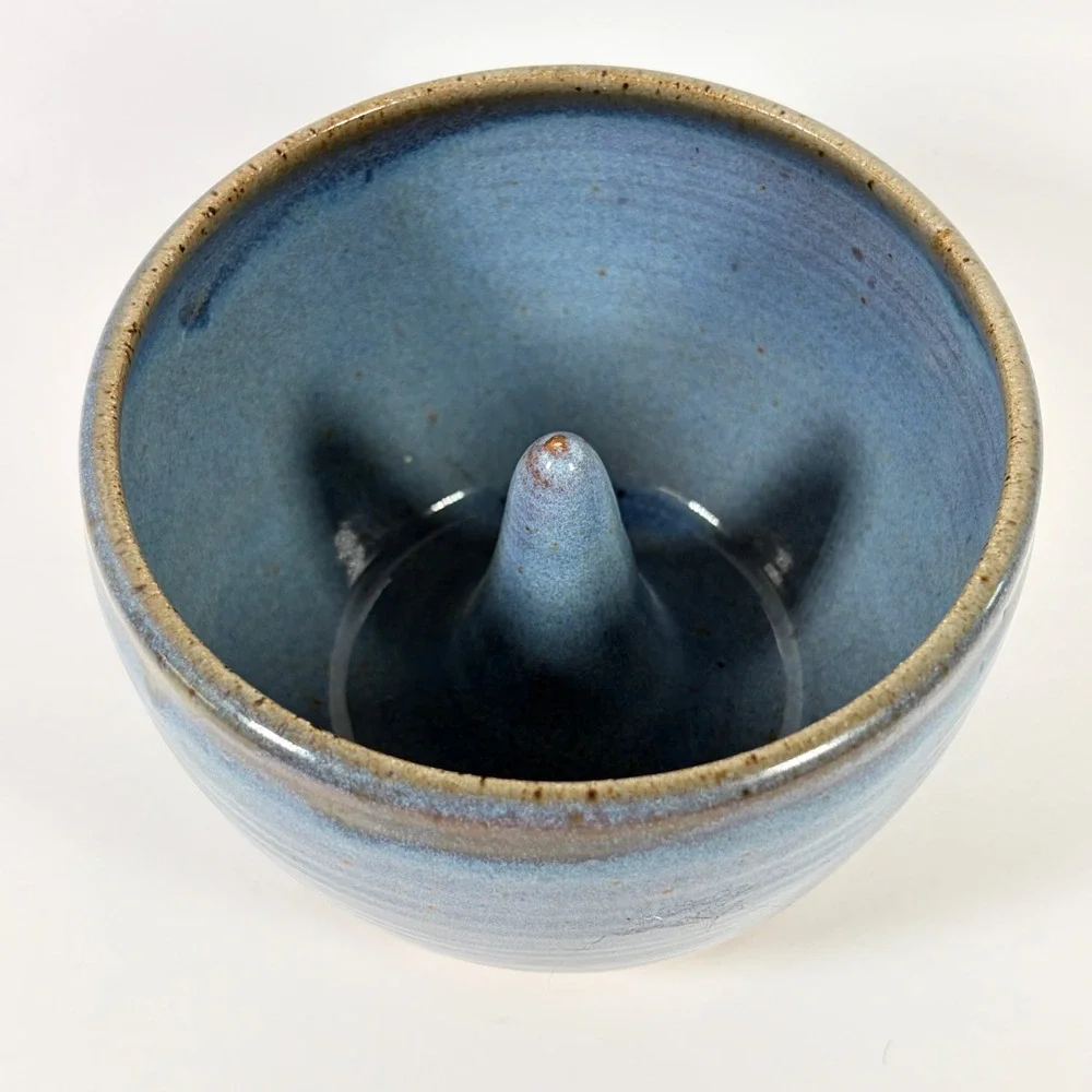 Studio Pottery Blue Glazed Apple Baker Signed Handcrafted Stoneware Bakeware